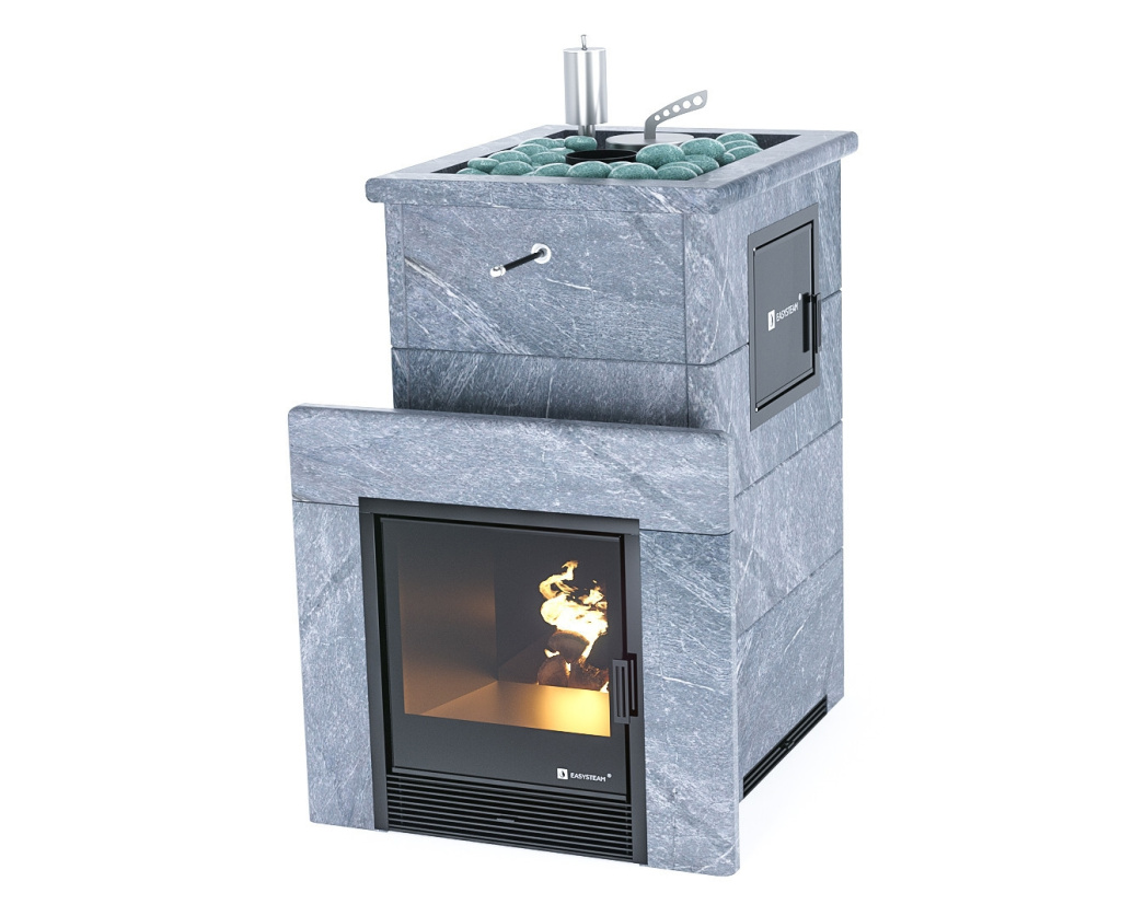 Печь для бани ИзиСтим Сочи М2 в 4-х стор.кожух из талькохлорита окрыт.верх, вход слева футеровка