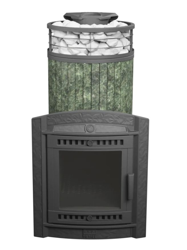 Печь для бани ПроМеталл Атмосфера XL в ламелях змеевик + сетка New с тоннелем