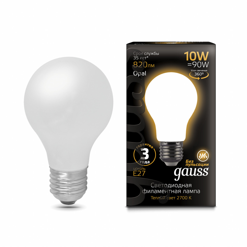 Светодиодная филаментная лампа Gauss A60 10W 820Lm 2700K E27 102202110