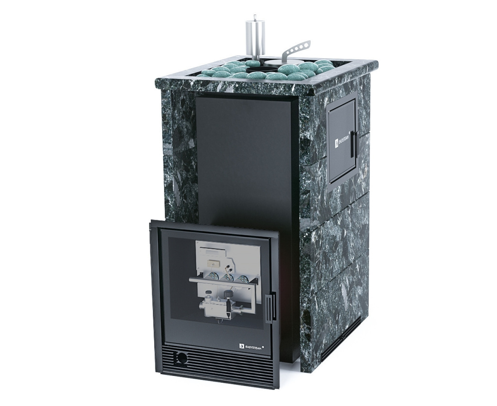 Печь для бани ИзиСтим Сочи М2 Premium 3-х стор.кож. пироксенит бок.вход с тыла открыт.верх с САБК-40