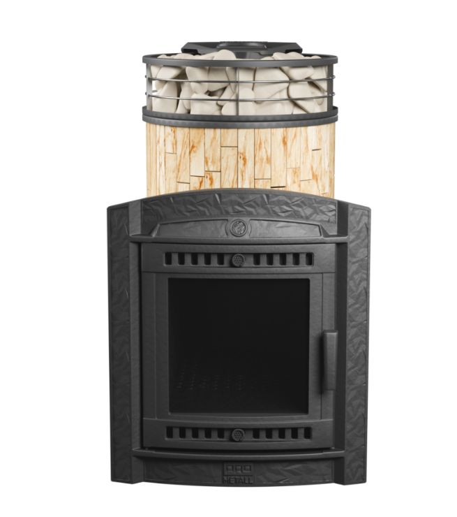 Печь для бани ПроМеталл Атмосфера L в ламелях Окаменевшее дерево + сетка