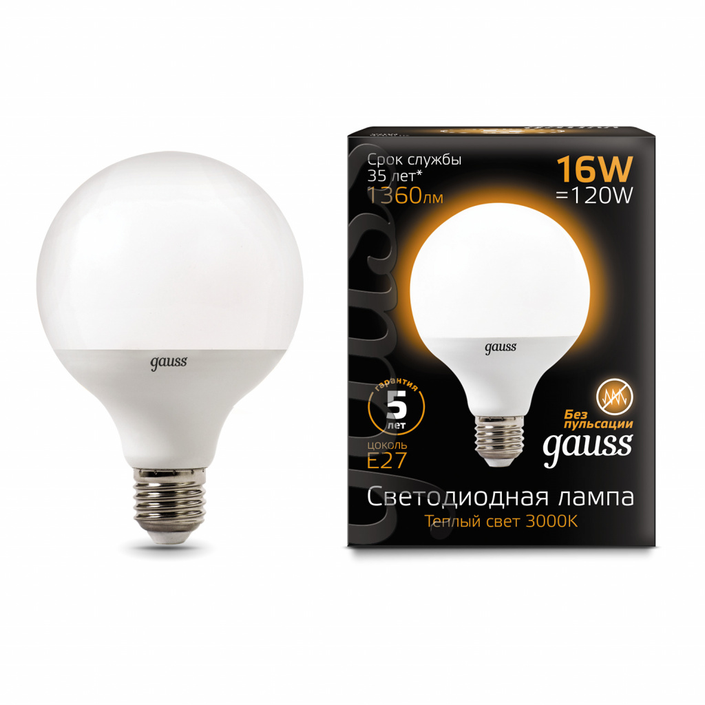 Светодиодная лампа Gauss G95 16W 1480Lm 3000K E27 105102116