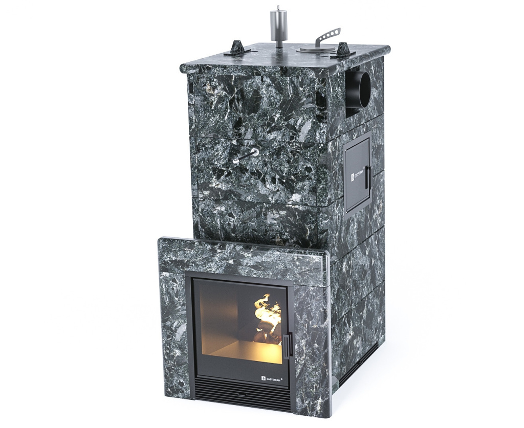 Печь для бани ИзиСтим Геленджик М2 Premium в четыр.стор.кожухе из пироксенета. вх.с тыла дым.справа