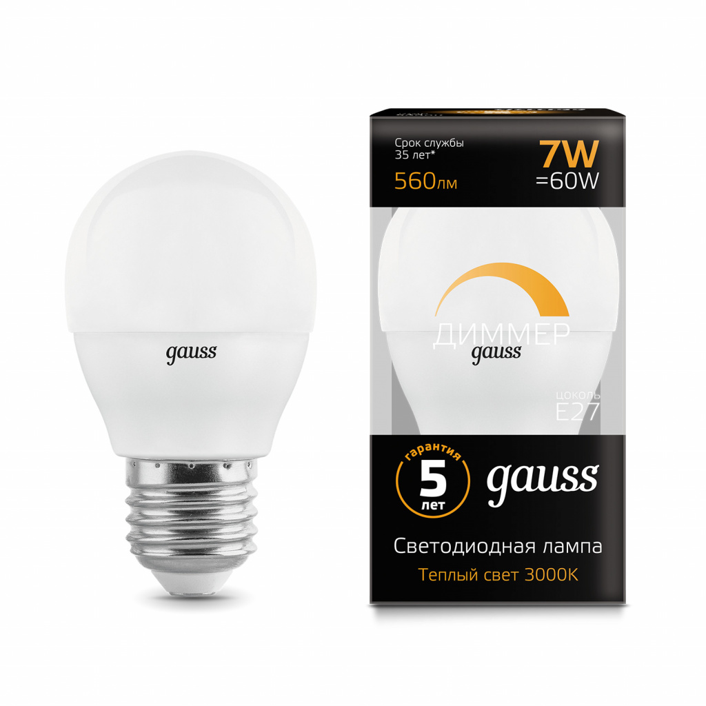 Светодиодная лампа Gauss Шар 7W 560Lm 3000K E27 105102107-D