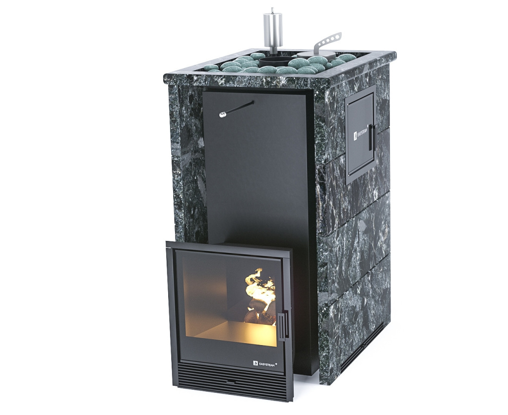 Печь для бани ИзиСтим Геленджик М2 Premium в 3-х кожух пироксен.бок.вх.слева откр.верх футеровка