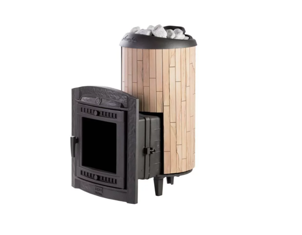 Печь для бани ПроМеталл Атмосфера XL в ламелях Окаменевшее дерево наборный