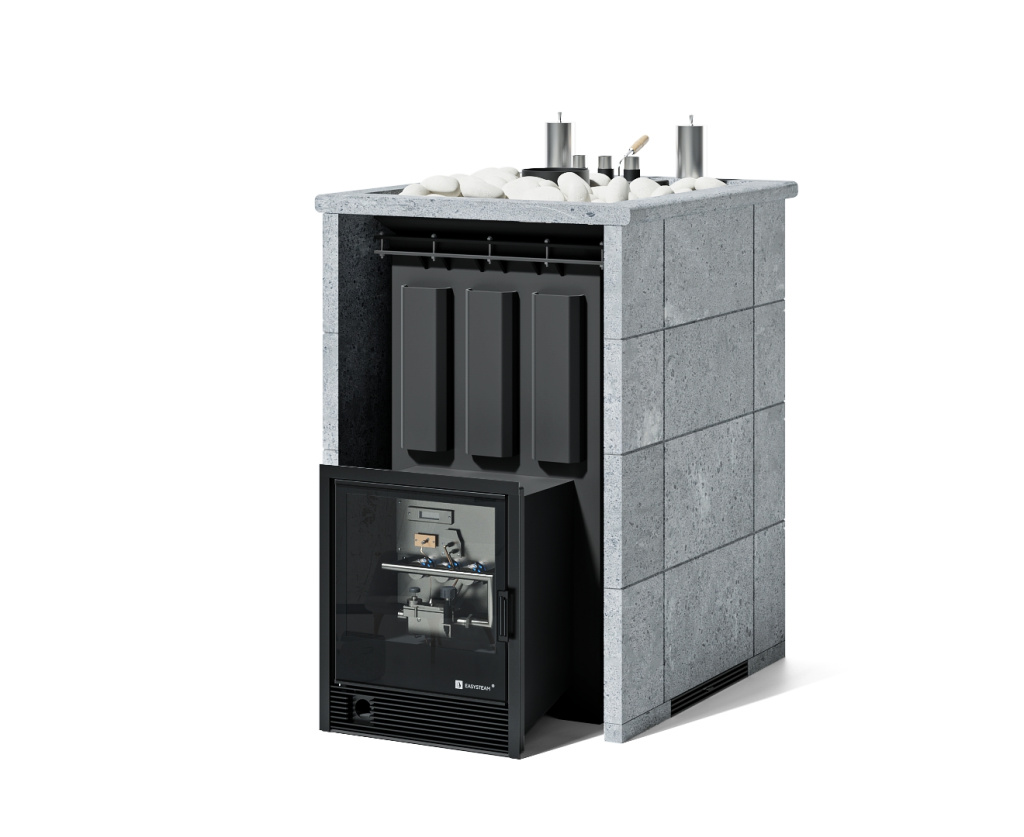 Печь для коммерческой бани ИзиСтим Домна 45 К Premium в 3-х.стор.кож. талькохлорит откр.верх САБК-50